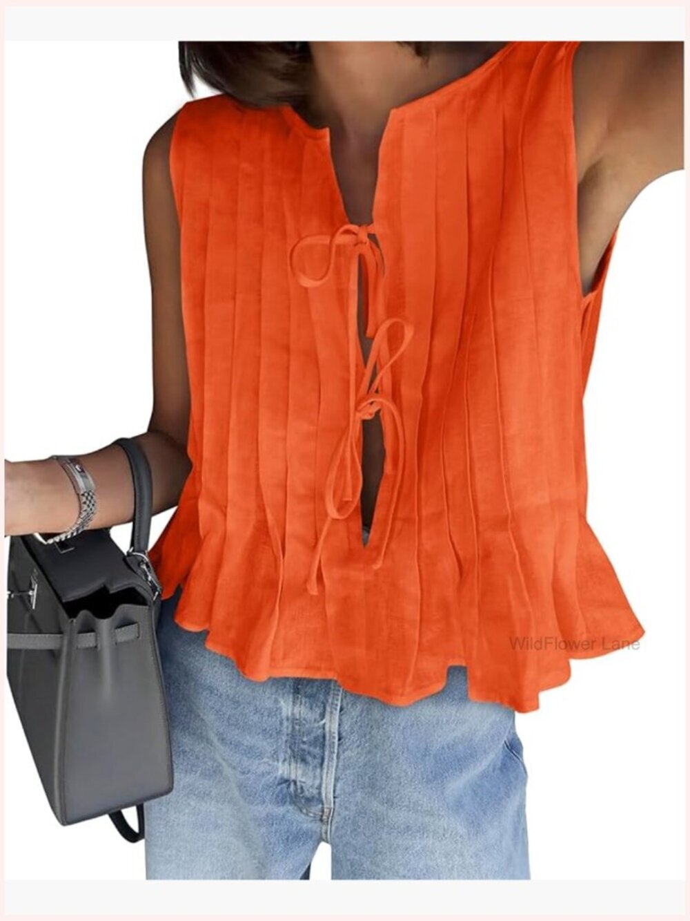 Pleated Bow Front Tie Tank Top - Sleeveless Cute Babydoll Blouse